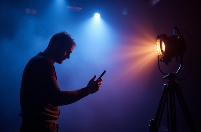 Diseñador de iluminación ajustando focos en un set de estudio, la luz crea patrones y sombras artísticas.