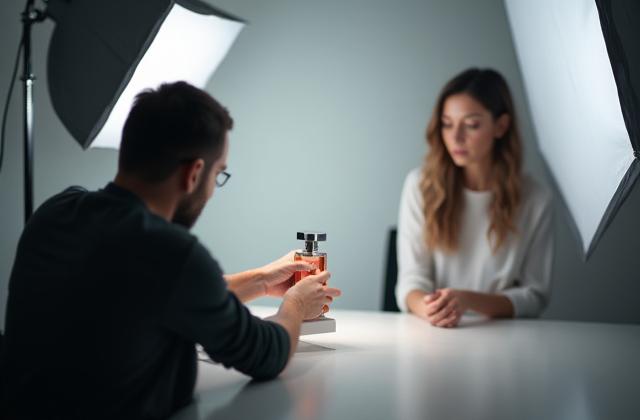 Fotógrafo profesional tomando una foto de producto en un estudio con equipo de iluminación, simbolizando calidad.
