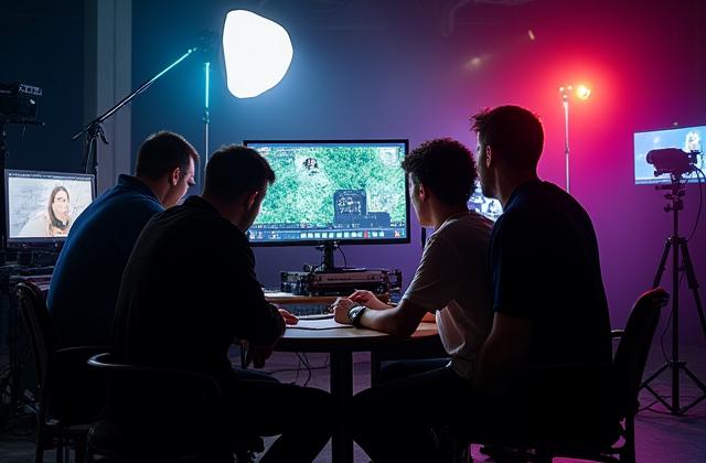 Director de video y equipo en un set de rodaje, con monitores y luces preparadas, enfatizando producción.